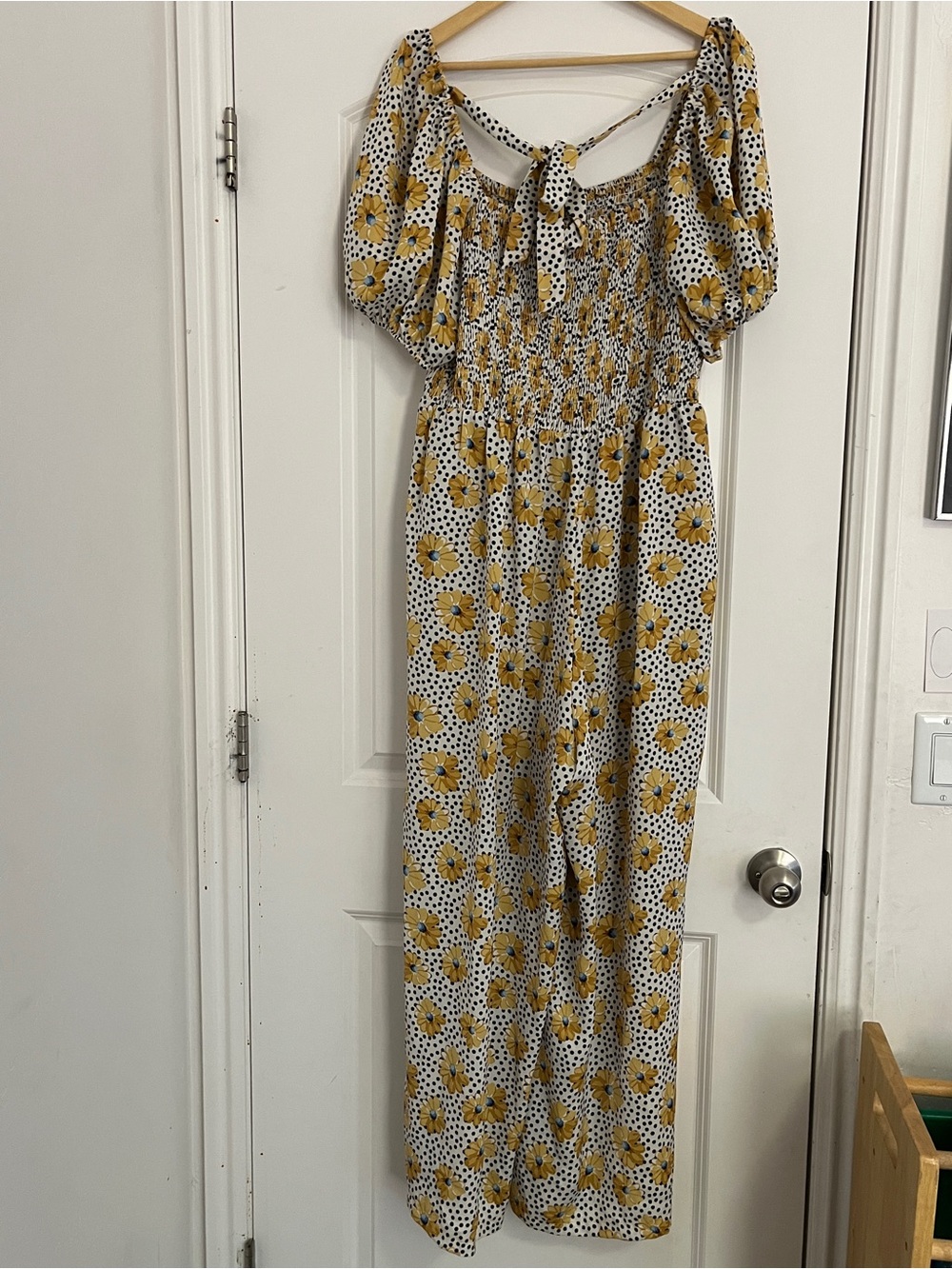 Yellow Floral Tie-Back Smocked Jumpsuit with Puff Sleeves